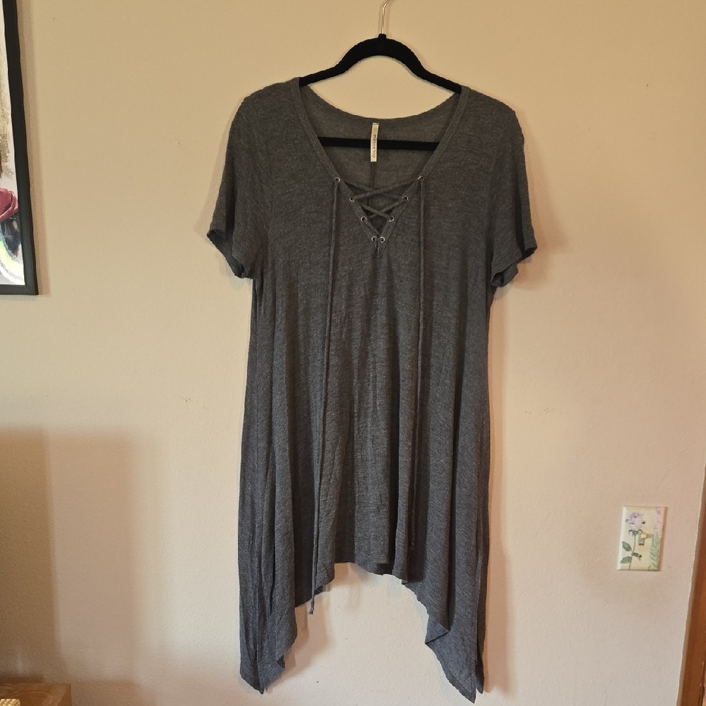 Gray V-Neck Lace-Up Women Top